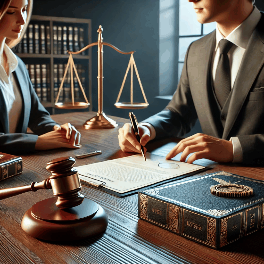 법률 계약 체결 장면에서 변호사가 고객과 공식 문서를 검토하는 전문적이고 신뢰감 있는 모습