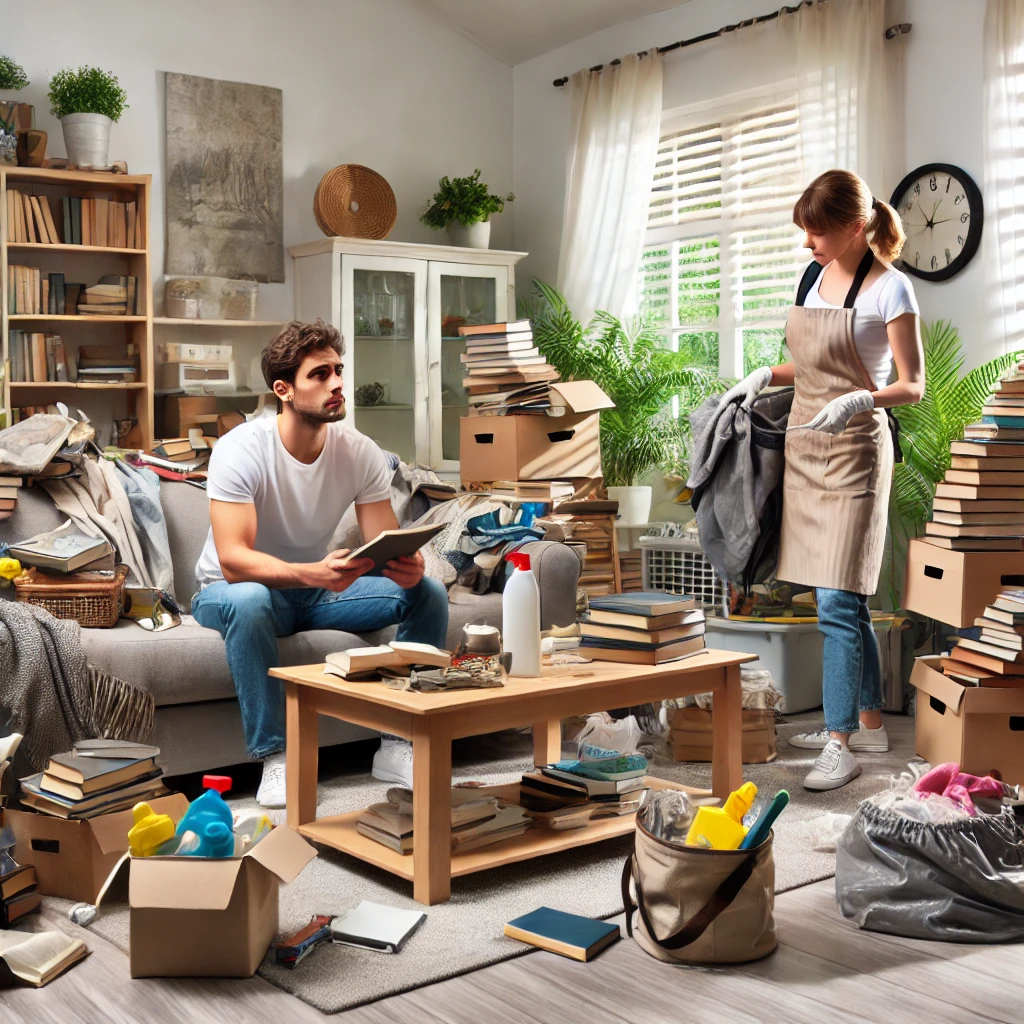 정리수납 전문가가 어지러운 집안 정리를 도와주고 있다.