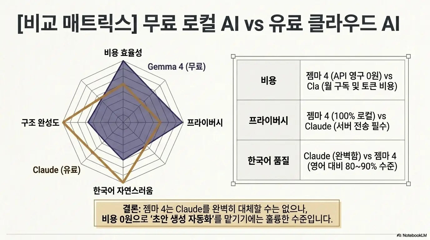젬마 4 사용법: 무료 로컬 AI인 젬마 4와 유료 클라우드 AI인 Claude를 비용 효율성과 프라이버시와 구조 완성도와 한국어 자연스러움 4개 축으로 비교한 레이더 차트와 비교표가 포함된 이미지로 젬마 4는 Claude를 완벽히 대체할 수는 없지만 비용 0원으로 초안 생성 자동화에는 훌륭한 수준이라는 결론이 담긴 이미지