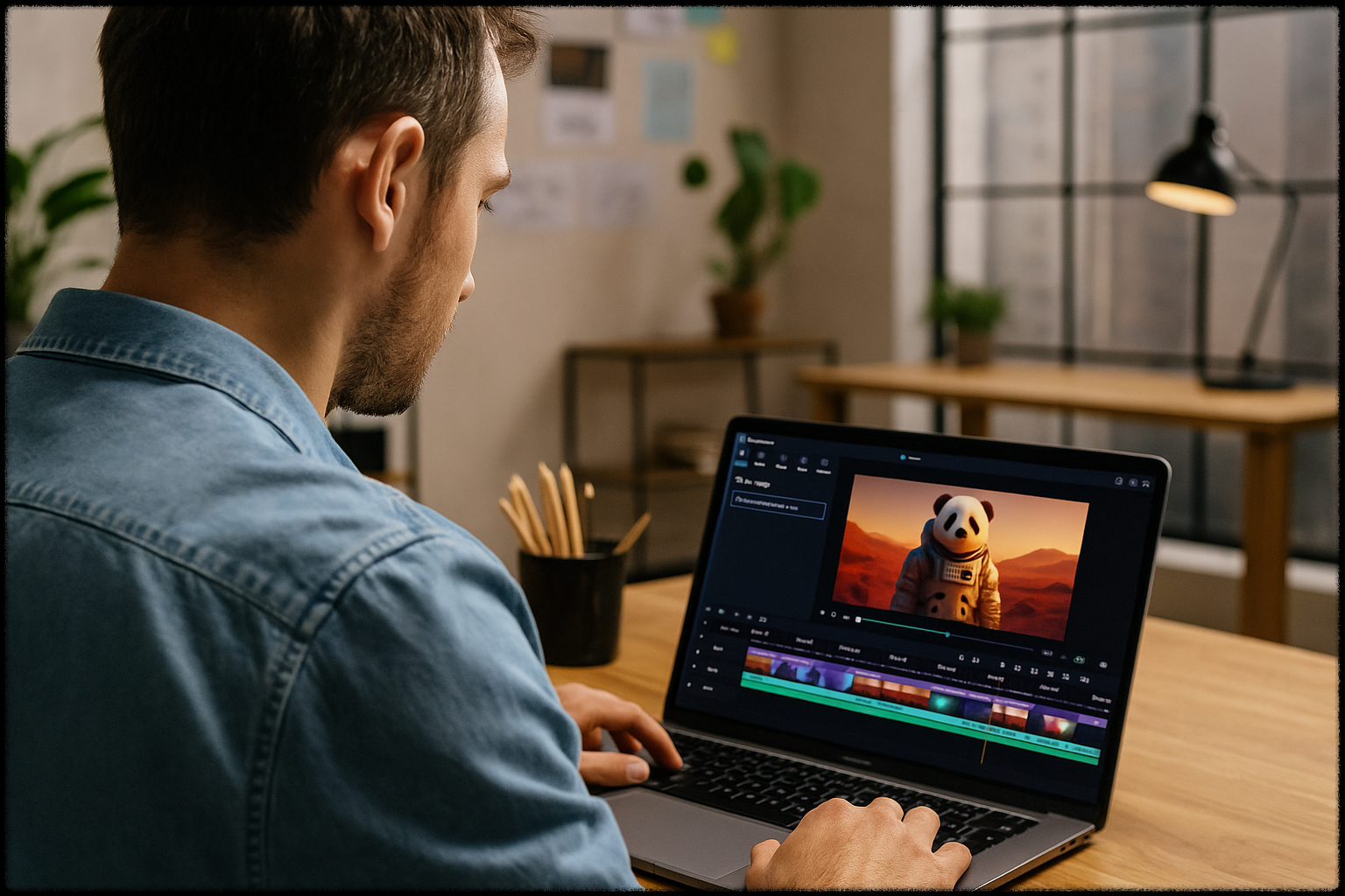 노트북으로 필모라AI 영상을 편집 중인 사용자의 이미지