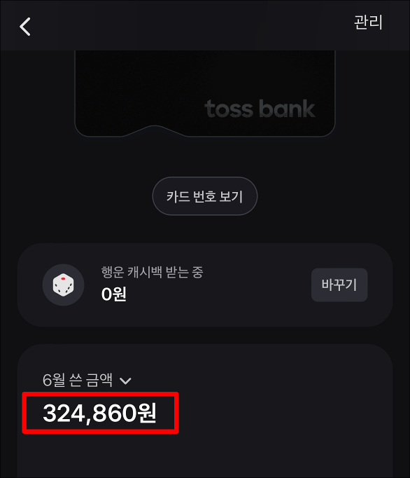 토스뱅크 체크카드를 통해 6월간 사용한 금액을 표시한 이미지&#44; 사용한 총금액은 324&#44;860원이다.