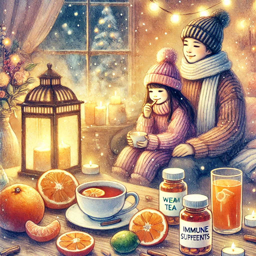 겨울철 면역력 관리를 위한 따뜻한 차와 과일을 즐기는 가족