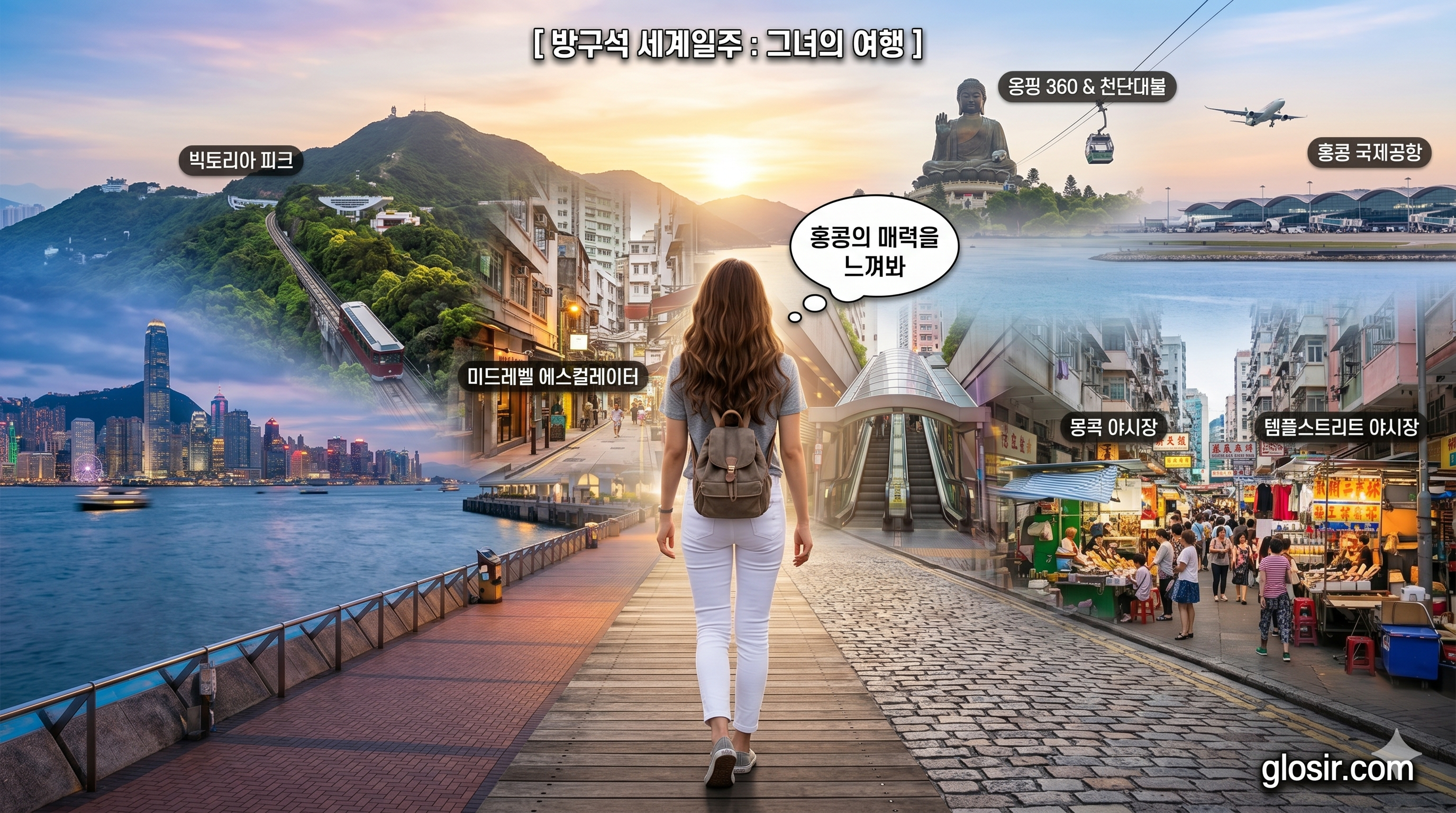 홍콩 7개 핵심 코스 파노라마 배경을 향해 걸어가는 한국 여성의 뒷모습. [방구석 세계일주 그녀의여행] 브랜딩과 glosir.com URL 명시. 빅토리아피크, 미드레벨에스컬레이터, 야시장 등 명소 이름 표시.