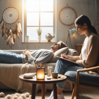 한 여성이 편안히 누워 휴식을 취하며, 옆에 사람은 노트에 무엇인가를 적고 있습니다.