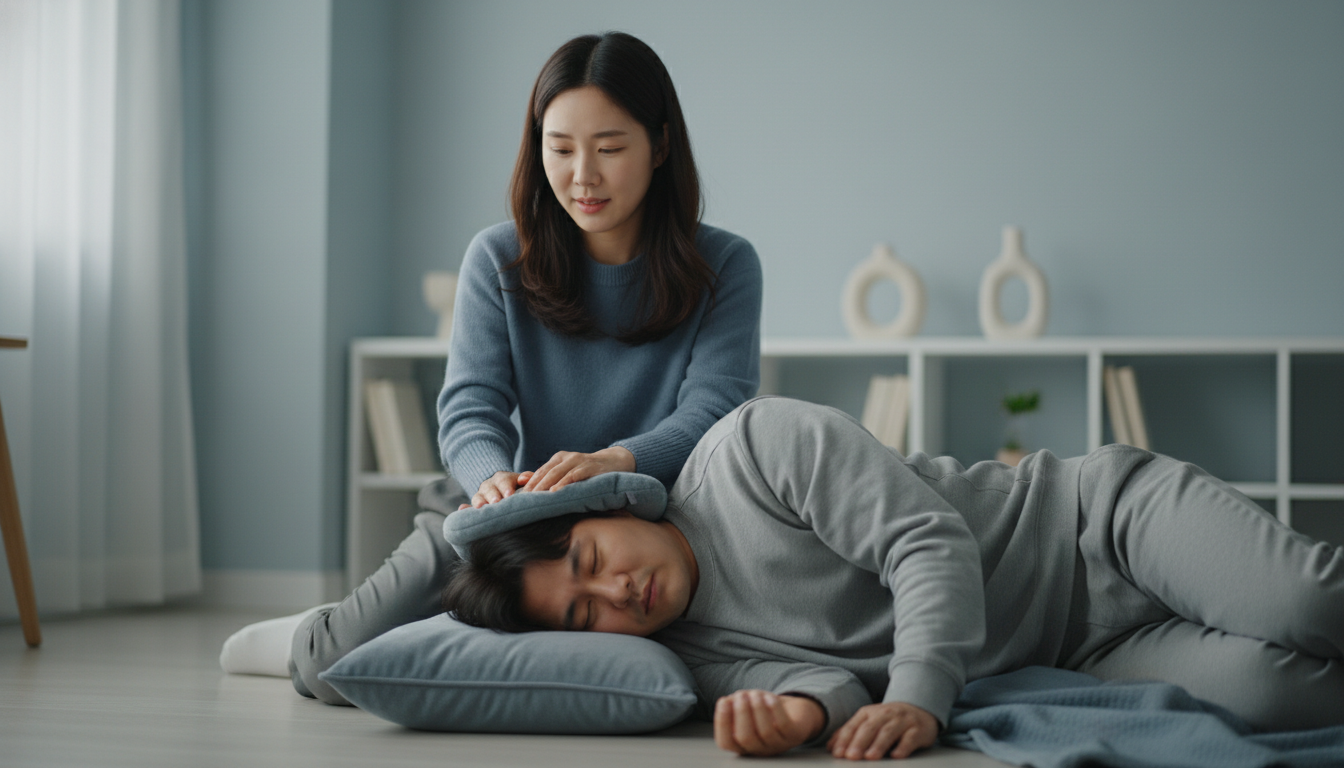 뇌전증 발작 중인 사람의 머리 아래에 쿠션을 대주고 주변을 정리하여 안전하게 돕는 모습.