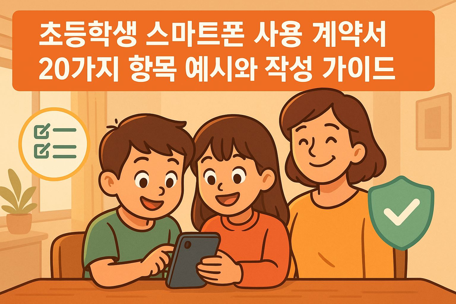 스마트폰을 사용하는 자녀와 함께 계약서를 작성하는 가족 일러스트 배너 이미지