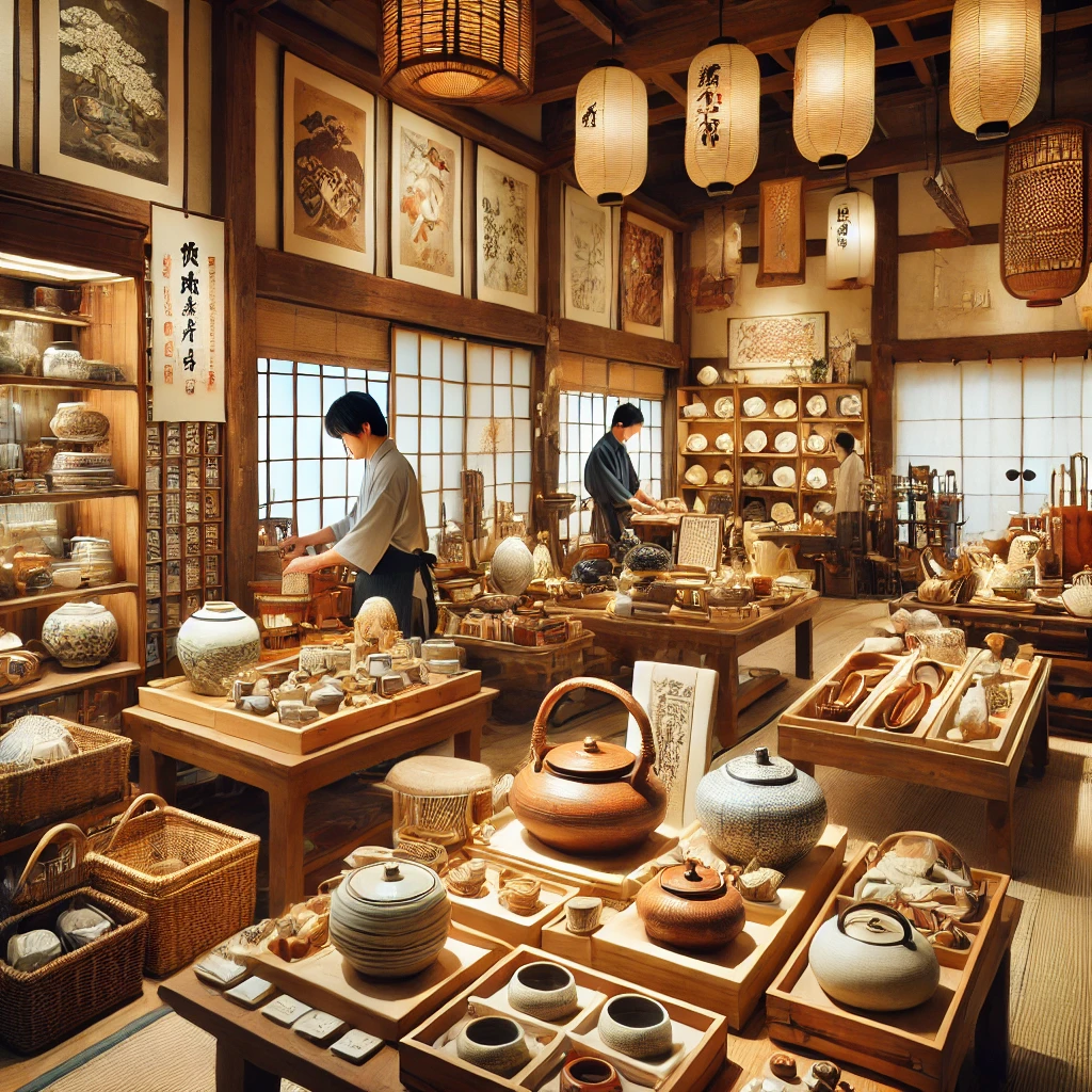 오카야마의 전통 수공예품이 전시된 매장 풍경