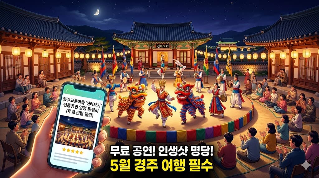 경주 교촌마을 광장에서 펼쳐지는 화려한 신라 시대 전통 마당극 신라오기 공연 모습