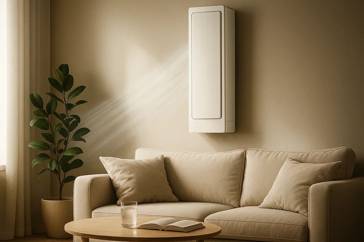 거실에서 깨끗한 공기를 내보내는 벽걸이형 에어컨