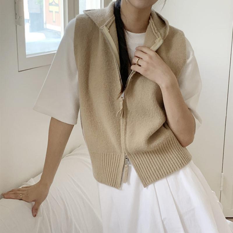 삐까삐까 폭신한 여성 가을 투웨이 지퍼 레이어드 후드 니트 조끼