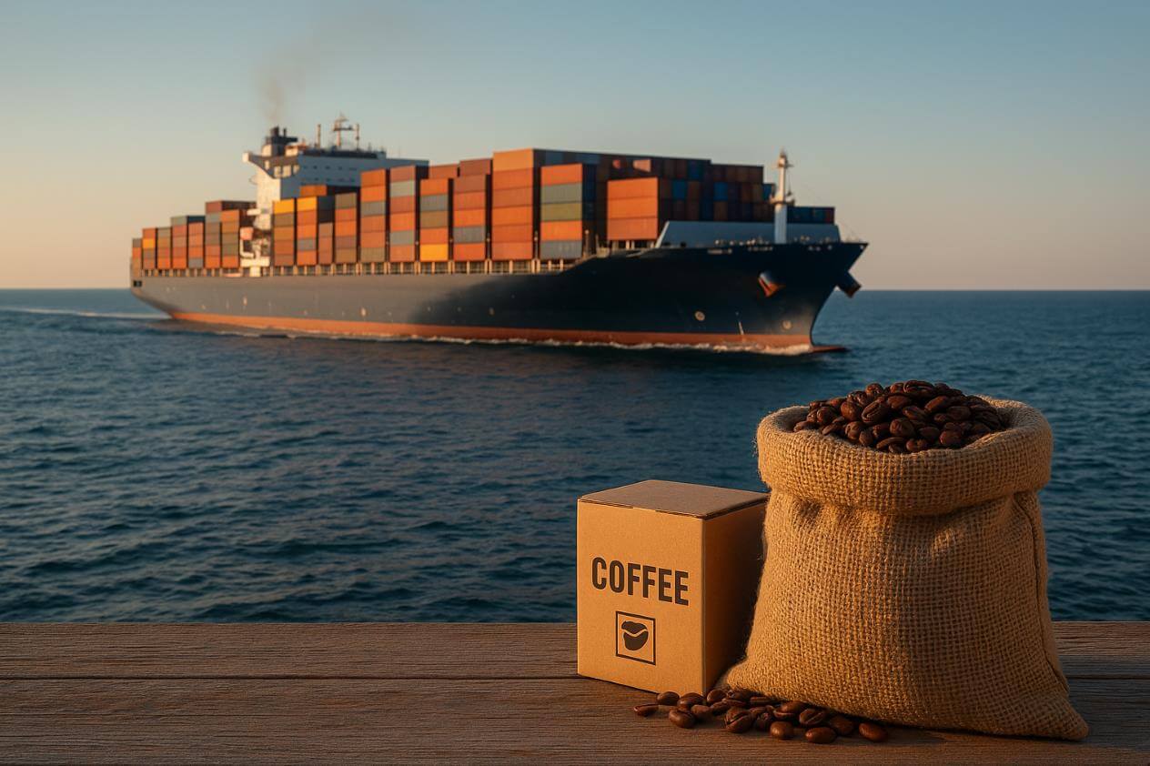 커피 원두 자루와 상자 앞에 컨테이너 선박이 지나가는 장면.