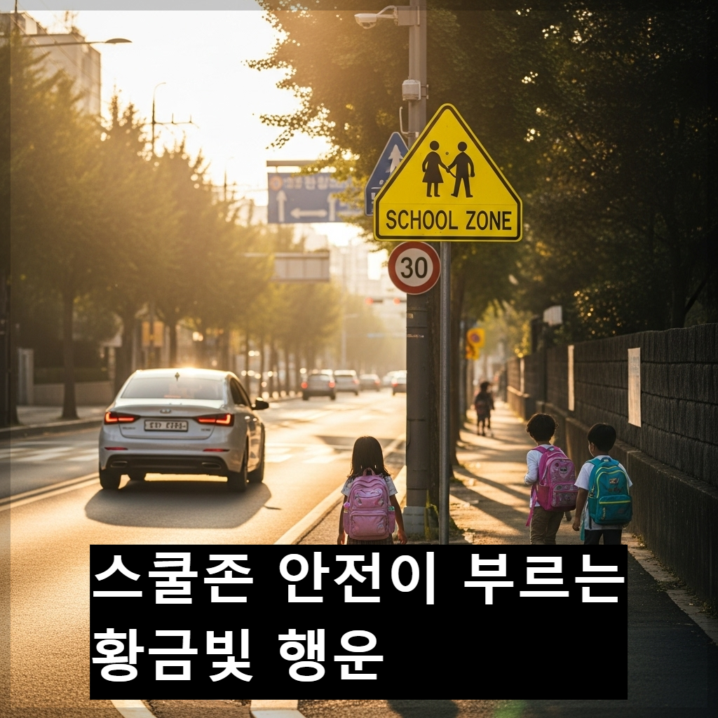 노란색 어린이 보호구역 표지판이 서 있는 평화로운 학교 앞 도로. 자동차 한 대가 서행하며 횡단보도를 건너는 아이들을 향해 멈춰 서 있고, 따뜻한 오후 햇살이 도로 전체를 금색으로 비추고 있는 감성적인 모습