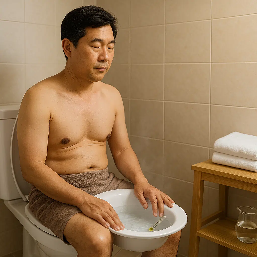 회음부 좌욕(미지근한 물에 앉아 있는 장면)을 하는 남성