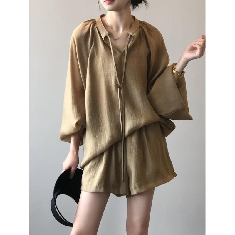 캐주얼 정장 반바지 슈트 긴팔 셔츠 와이드 반바지 세트 80569
