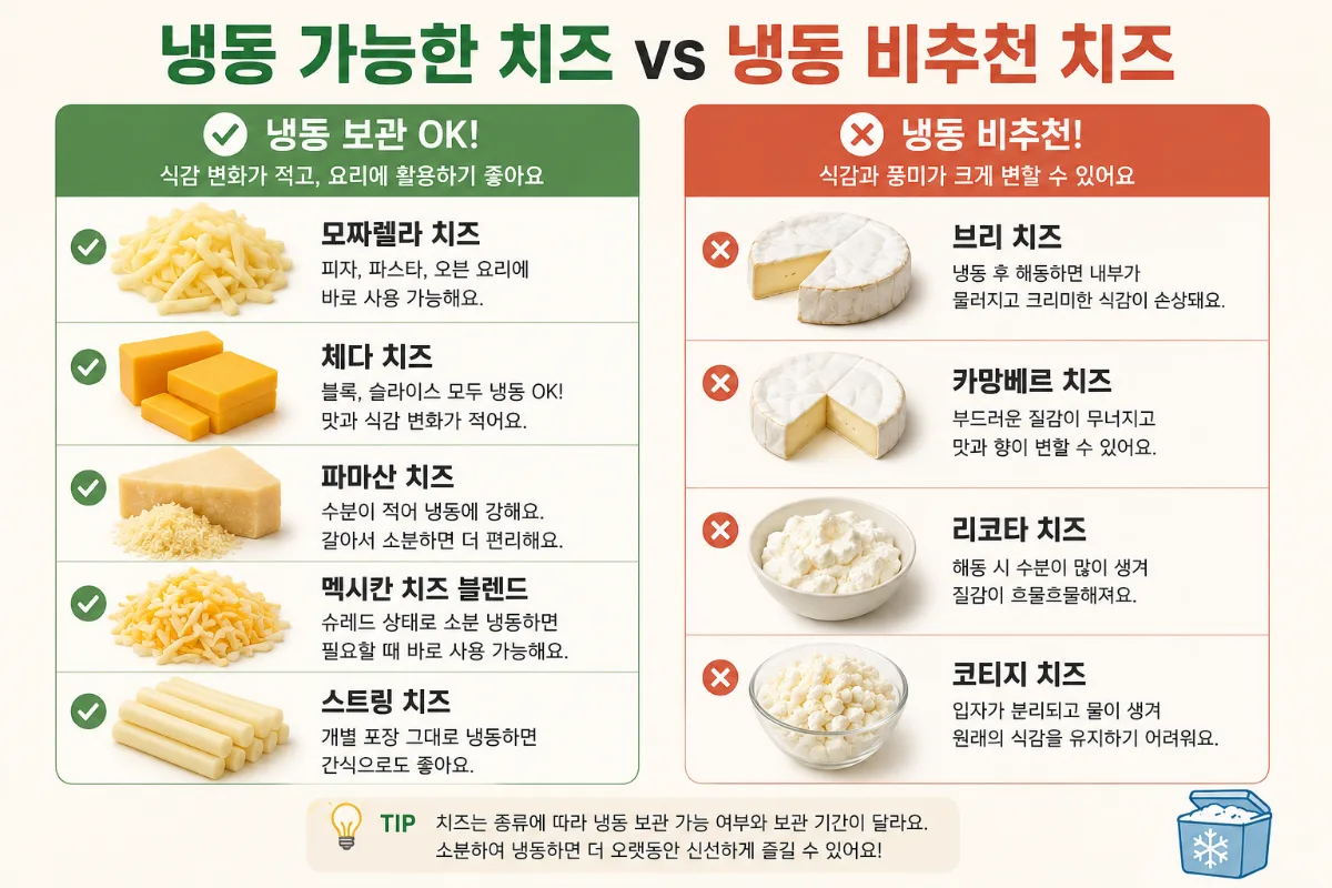 치즈 종류별 냉동 보관 가능 여부 비교표