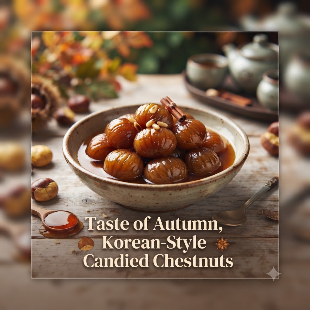 A square thumbnail image for a blog post titled "Taste of Autumn, Korean-Style Candied Chestnuts." Centered in the frame is a rustic ceramic bowl mounded with glossy, deep-brown candied chestnuts in a rich syrup. Behind the bowl, a traditional Korean teapot and teacup set are visible. In the foreground, there is a wooden spoon holding honey and a small gold spoon with a single candied chestnut. The overall scene is warm and evokes a strong sense of autumn.