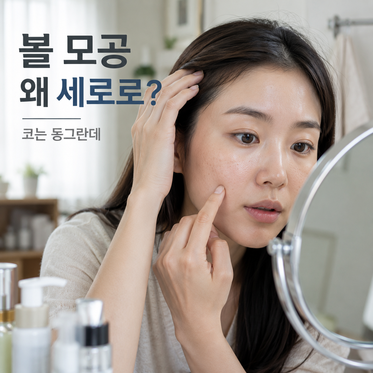 거울을 보며 코와 볼의 모공 모양 차이를 확인하는 모습