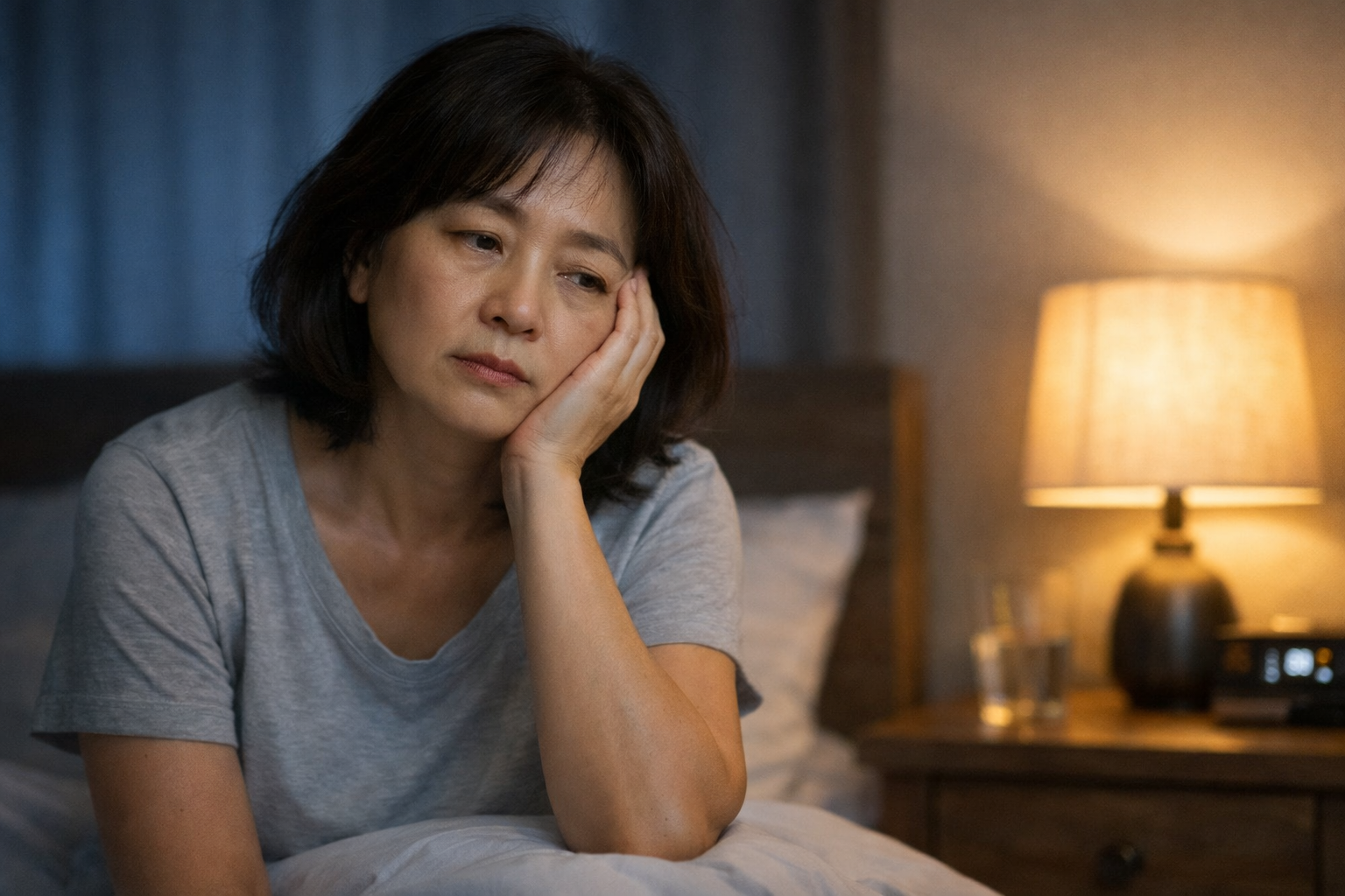 밤에 잠에서 깬 뒤 피곤한 표정으로 침대에 앉아 있는 50대 여성
