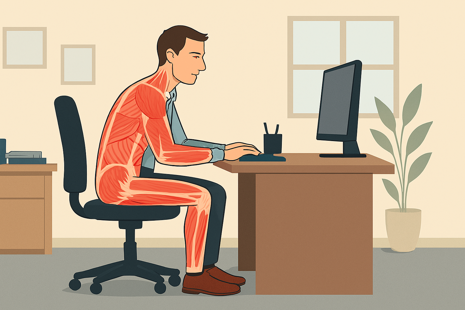근육 사용이 줄어드는 장시간 앉아 있는 생활 습관 이미지