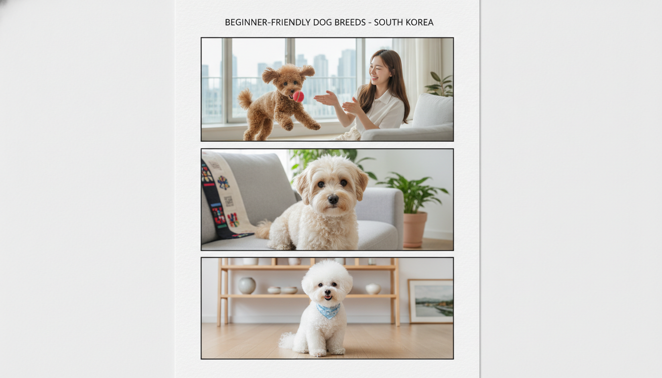 초보 반려인을 위한 인기 품종인 푸들, 말티푸, 비숑 프리제의 특징을 보여주는 3분할 이미지. 각 품종의 사랑스러운 모습이 담겨 있습니다.