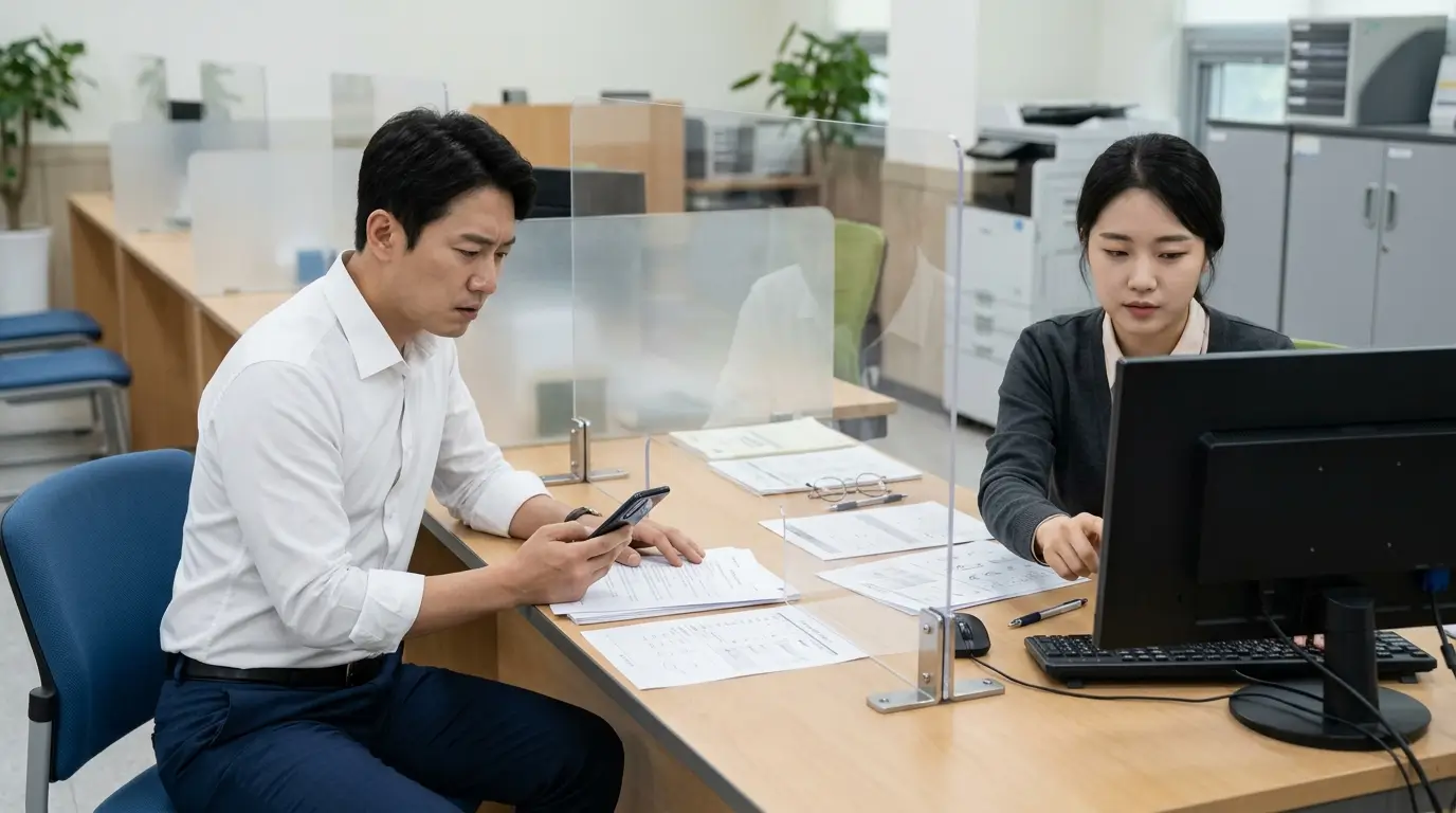 대출 나라 비 대면 후기 정식 등록 대부업체 안전성 확인을 위해 금융감독원 파인 통합조회 전산망을 확인하는 한국인 직장인의 모습