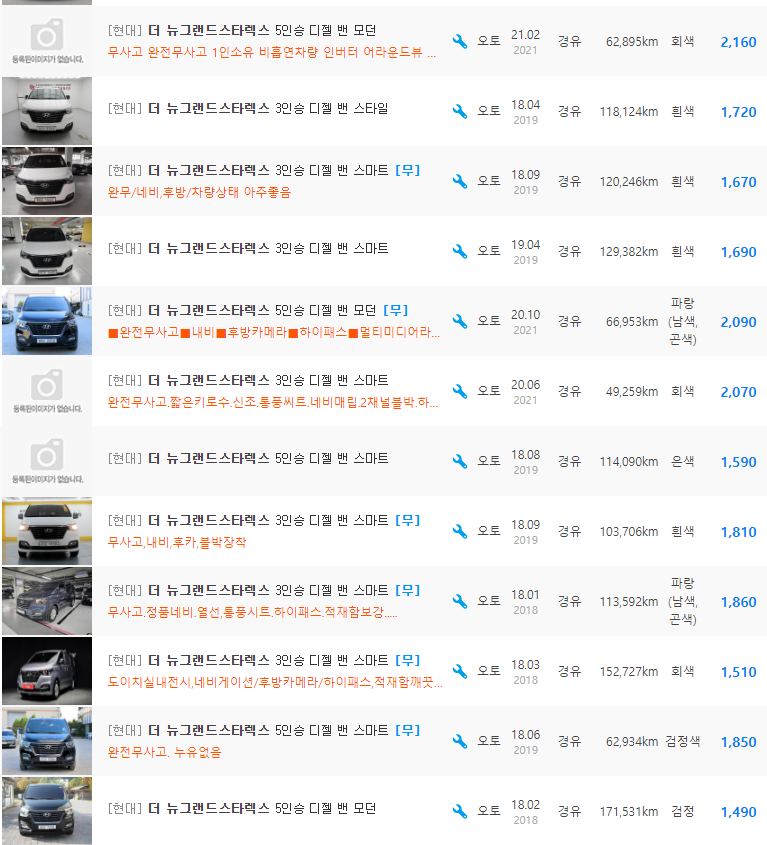 더 뉴 그랜드 스타렉스 밴 등급 중고차 시세 : 1,210만원 ~ 2,390만원