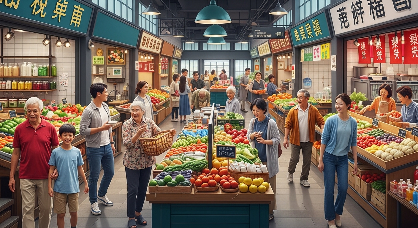 활기찬 전통시장에서 다양한 사람들이 즐겁게 쇼핑하며 소통하는 모습