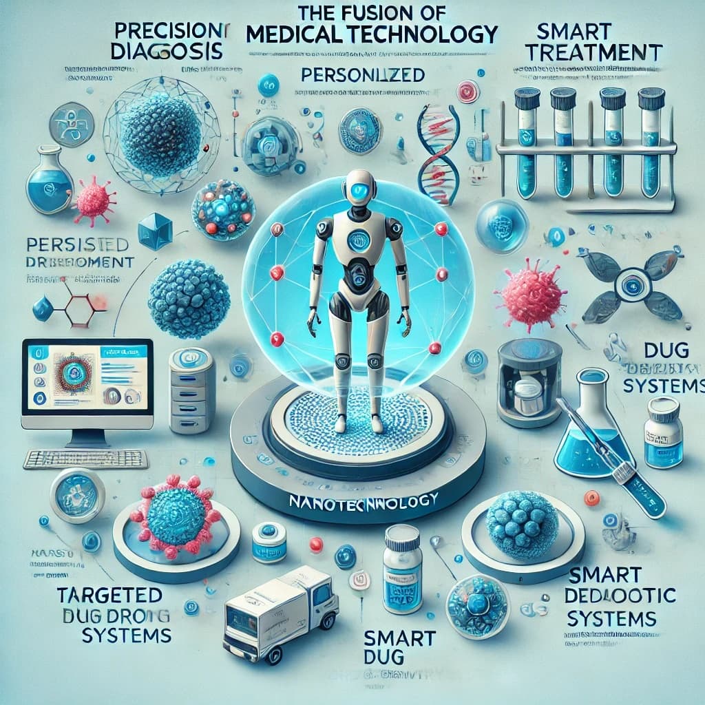 의료 기술과 나노기술 융합 개념: 초정밀 진단, 맞춤형 치료, 스마트 약물 전달 시스템 설명 인포그래픽