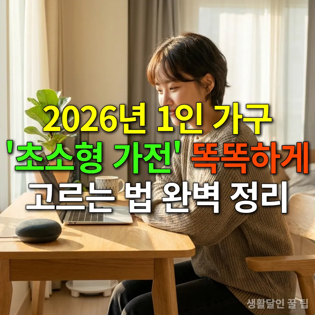 깔끔하게 정돈된 원룸에서 초소형 스마트 스피커를 바라보고 있는 젊은 한국 여성의 모습