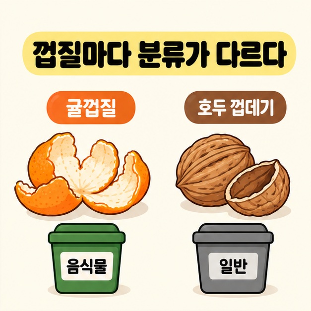 귤껍질 아래에는 음식물 수거용기, 호두 껍데기 아래에는 일반쓰레기 수거용기를 배치해 분류를 비교한 그림