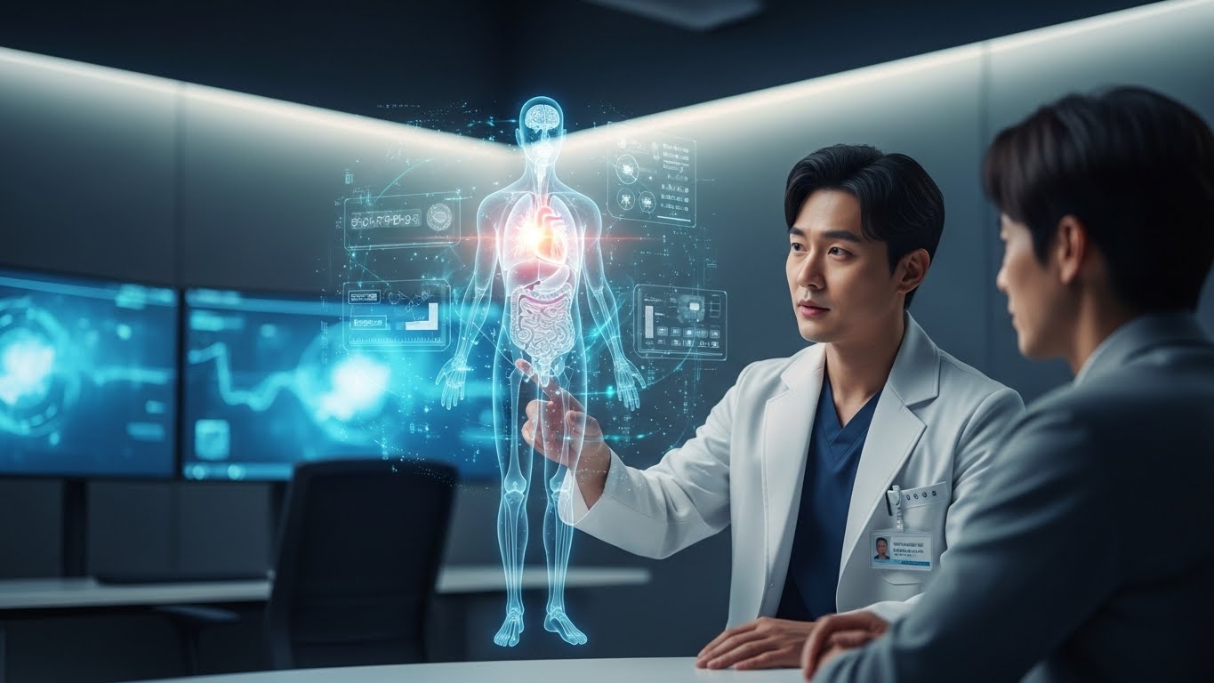 디지털 트윈 기술을 활용하여 환자의 미래 건강 상태를 가상 시뮬레이션으로 분석하는 한국인 전문가의 모습