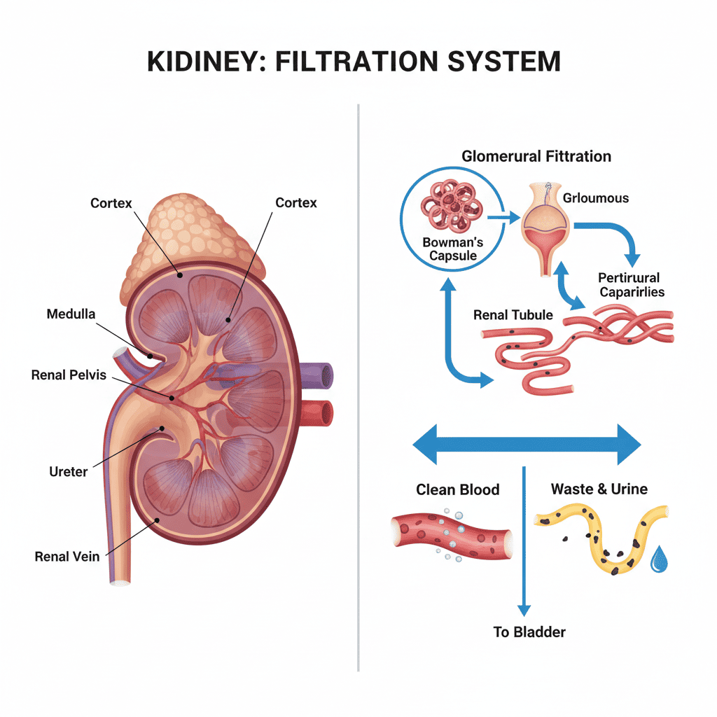 신장 구조와 사구체 여과 과정, 혈액에서 노폐물을 걸러내는 신장 기능 설명 인포그래픽