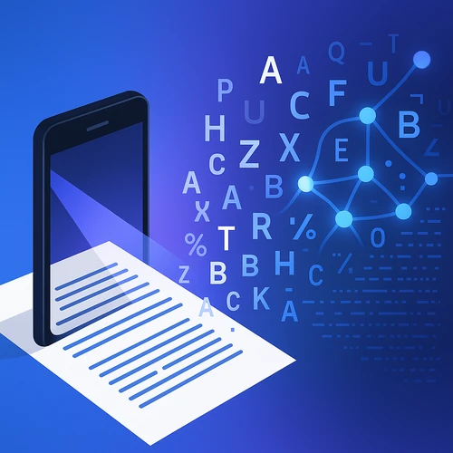 OCR 광학문자인식 기술로 문서를 스캔해 디지털 텍스트로 변환하는 과정을 보여주는 일러스트