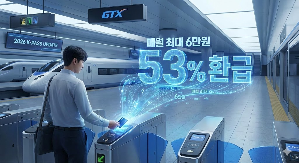 미래적인 GTX 역 개찰구에서 K-패스 카드를 태그하는 순간 '53% 환급' 홀로그램이 나타나는 사이버펑크 스타일 썸네일
