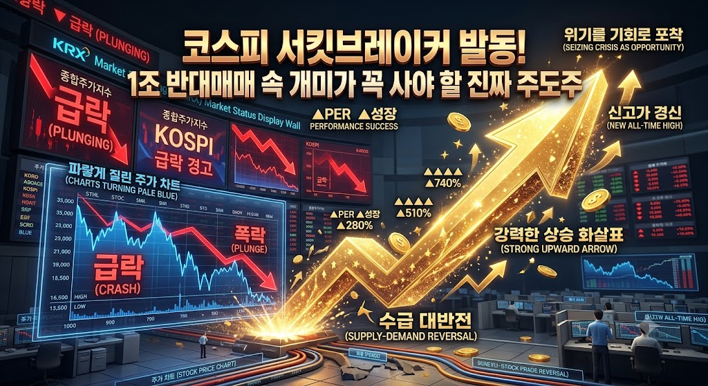 붉은색 급락 신호를 보내는 한국거래소 시황 전광판과 파랗게 질린 주가 차트 레이어 위로, "코스피 서킷브레이커 발동! 1조 반대매매 속 개미가 꼭 사야 할 진짜 주도주"라는 대형 볼드 폰트 타이틀 자막과 함께, 위기를 기회로 포착해 강력한 상승 화살표를 그려 나가는 3D 그래픽 이미지.