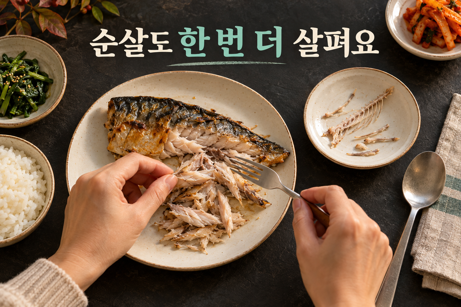 익힌 고등어살을 밝은 접시에 펼쳐 작은 가시를 분리하는 장면.