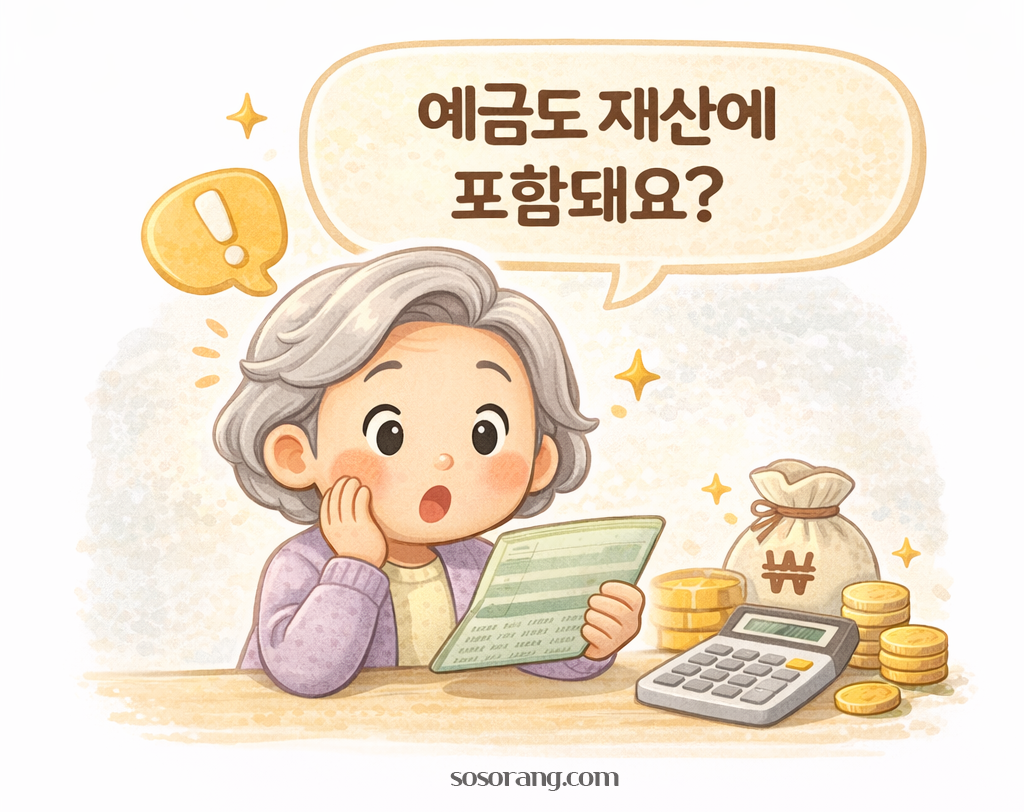 예금 등 재산 초과로 기초연금에서 탈락하는 사례를 설명하는 일러스트