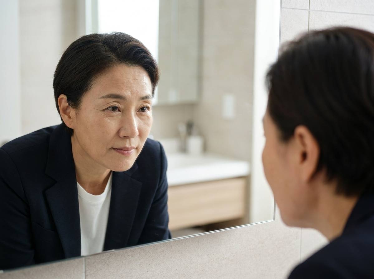 깨끗하고 전문적인 느낌의 거울 속 자신의 얼굴을 관찰하는 사람, 피부의 미세한 질감과 주름이 강조된 고해상도 이미지