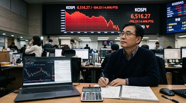 코스피 급락 시 개인투자자가 손실을 줄이기 위한 대응 방법을 설명하는 증시 이미지