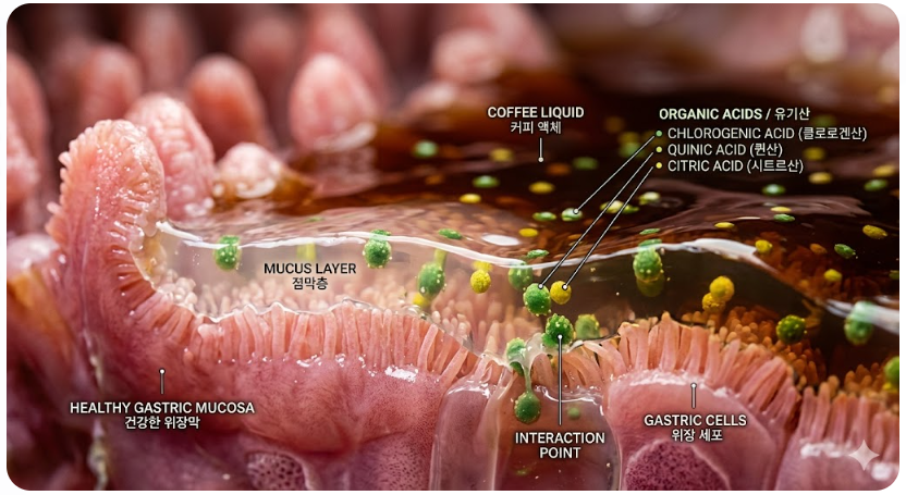 건강한 위장막과 커피의 유기산 성분의 상호작용을 보여주는 클로즈업 샷