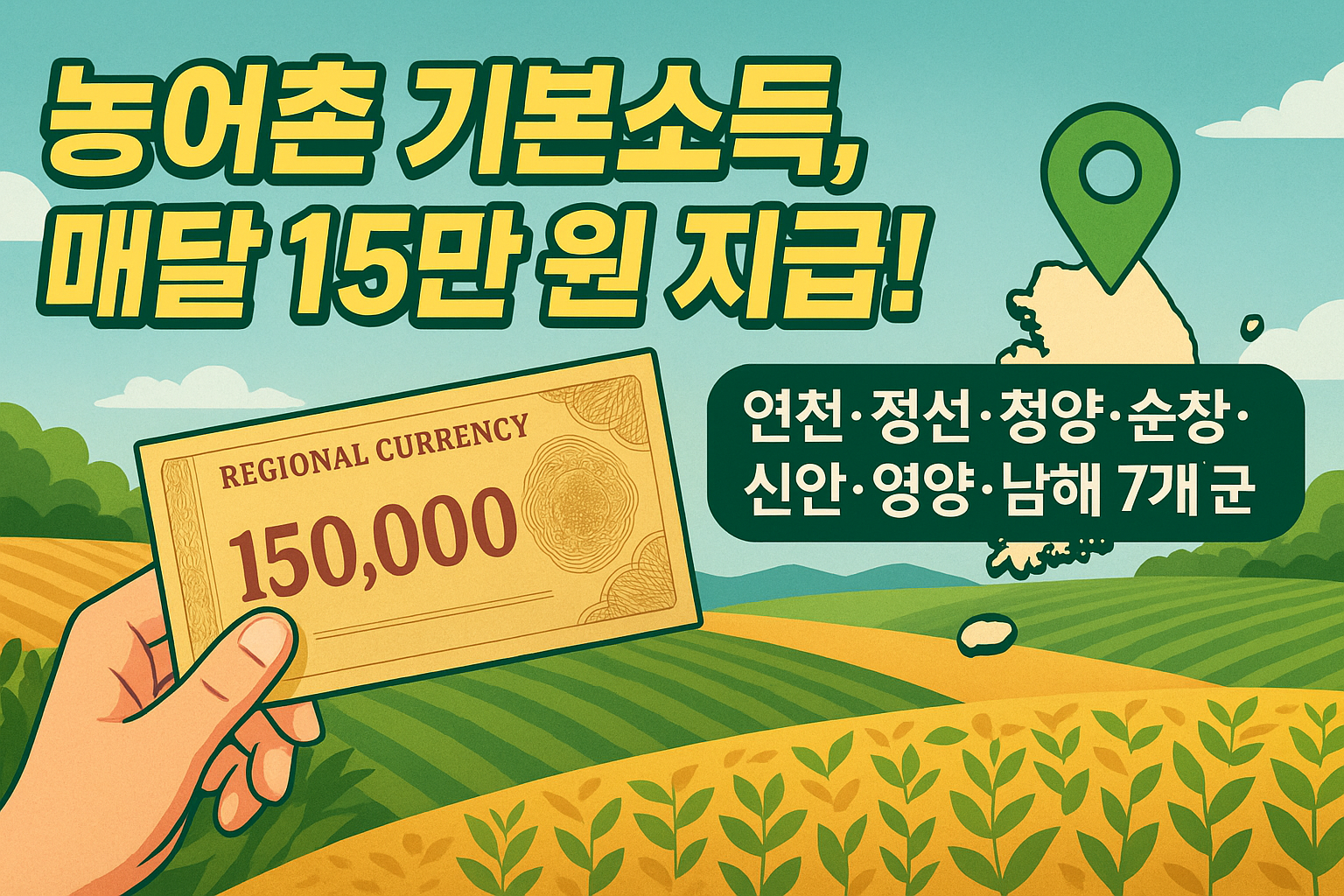 2025년 농어촌 기본소득 시범사업 확정 – 연천·정선 등 7개 군 주민 매달 15만원씩 지원받습니다~!!!!