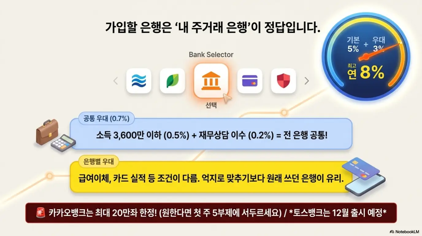 청년미래적금 가입조건: 청년미래적금 가입 은행은 주거래 은행이 정답임을 설명하는 이미지. 기본금리 5%에 우대금리 3%를 더해 최고 연 8%가 되며 소득과 재무상담 이수로 받는 공통 우대 0.7%와 은행별로 다른 급여이체 카드 실적 우대를 보여주고 카카오뱅크 20만좌 한정과 토스뱅크 12월 출시를 안내한다.