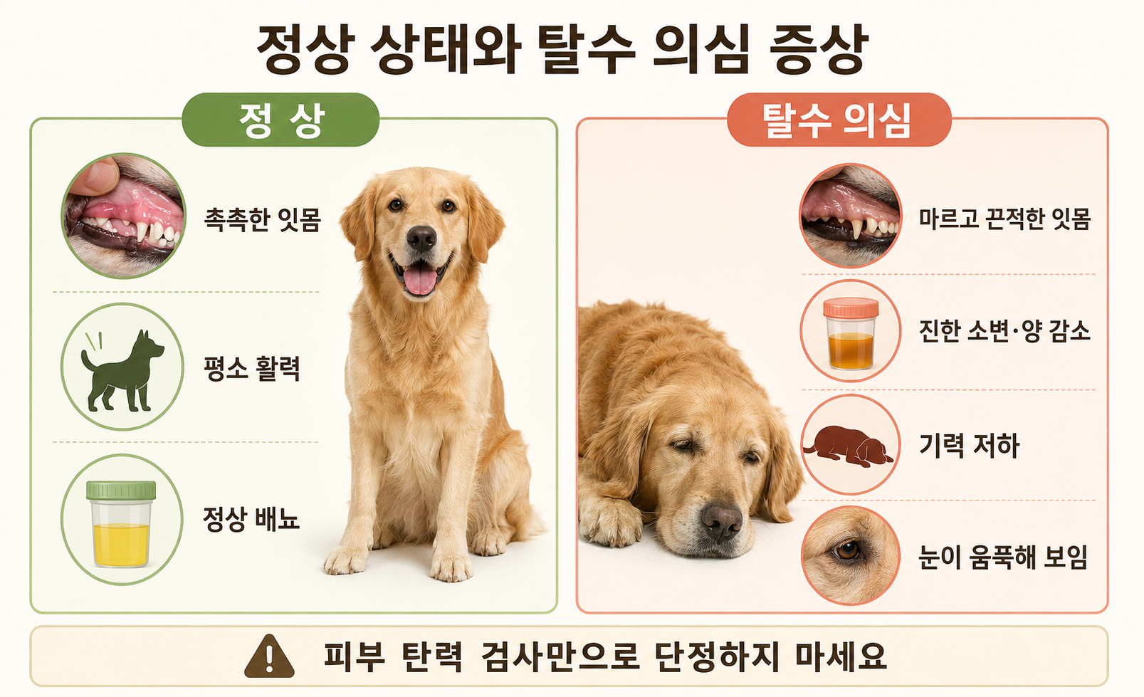 정상 강아지와 마른 잇몸 소변 감소 등 탈수 의심 증상 비교