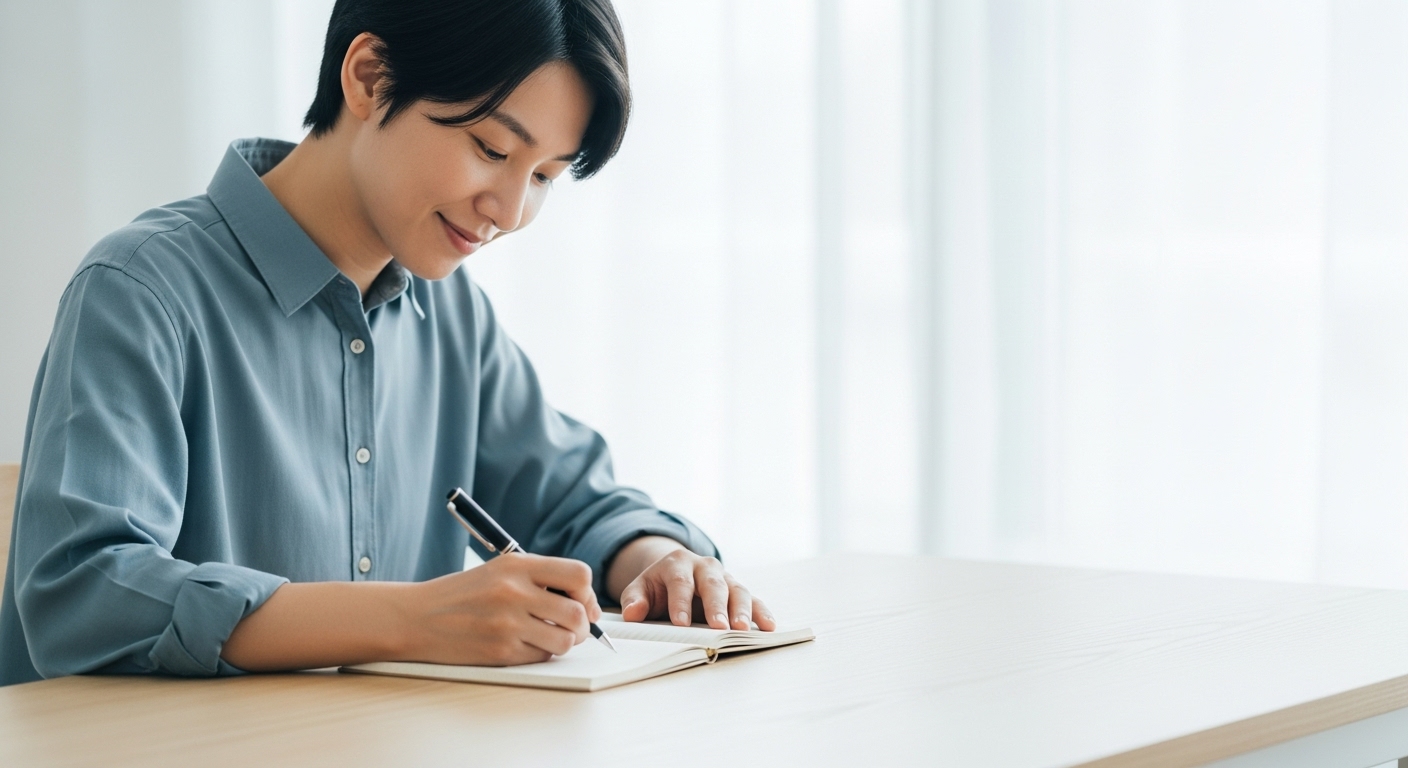 깔끔하게 정리된 책상에 앉아 디지털 기기 없이 노트북에 집중하는 사람의 모습. 평화롭고 생산적인 분위기가 강조됨.