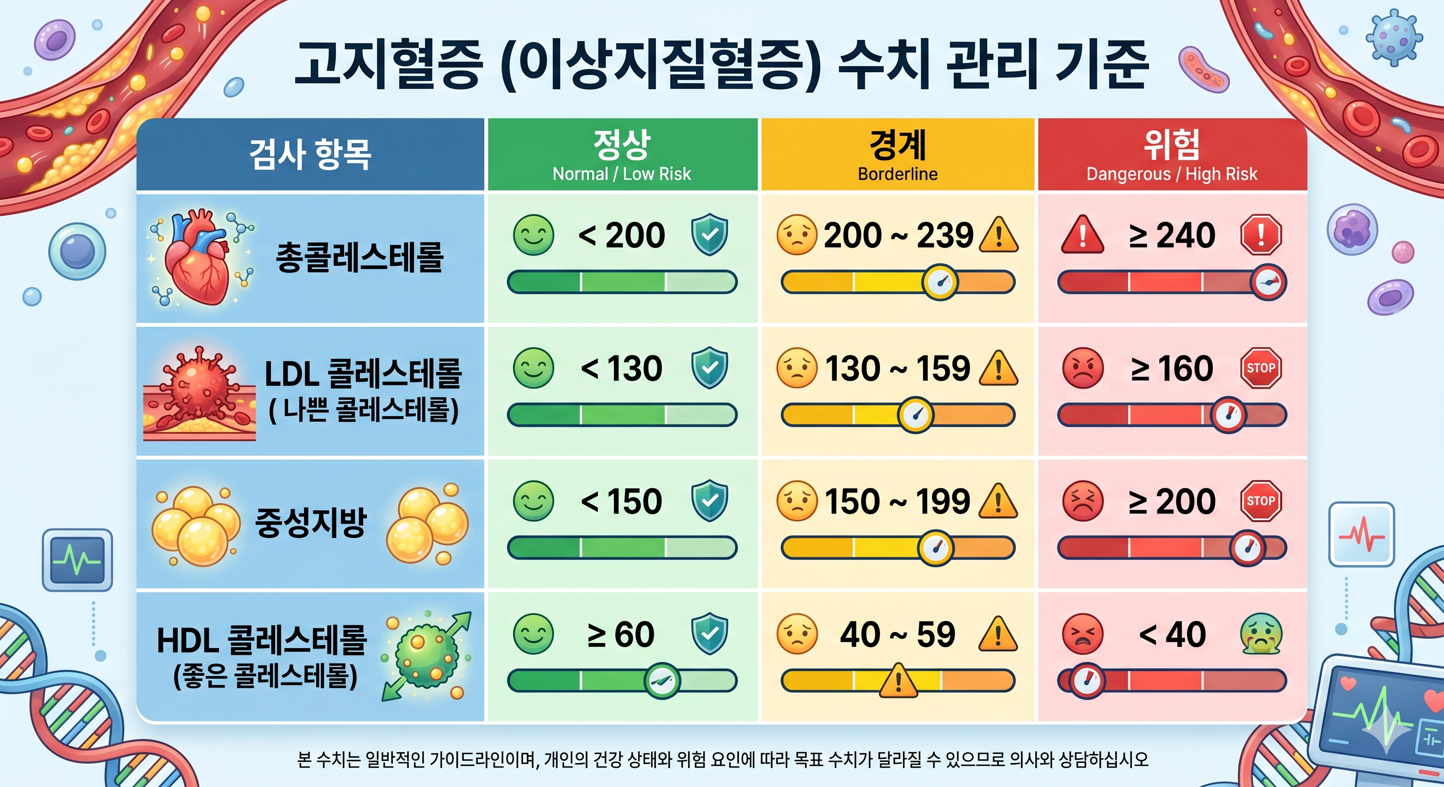 고지혈증(이상지질혈증) 수치 기준표