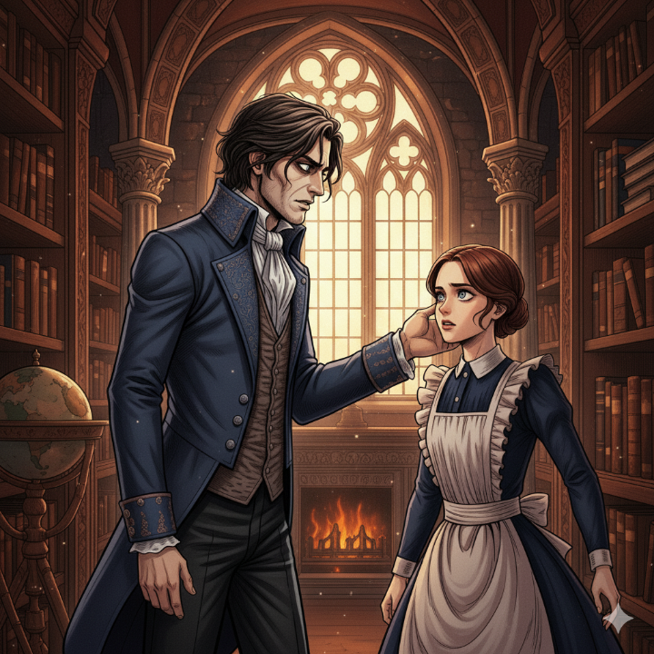 저택의 고풍스러운 도서관에서 서로를 마주 보는 이리나와 일레노아의 모습