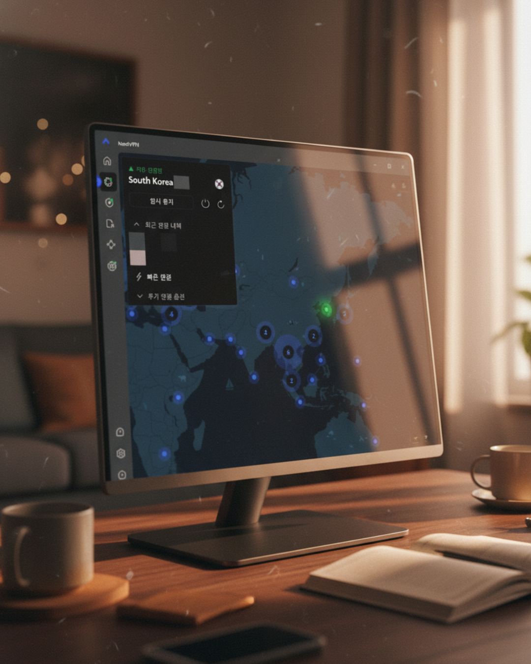 NordVPN 앱 화면, 세계 지도에 서버 위치가 표시됨