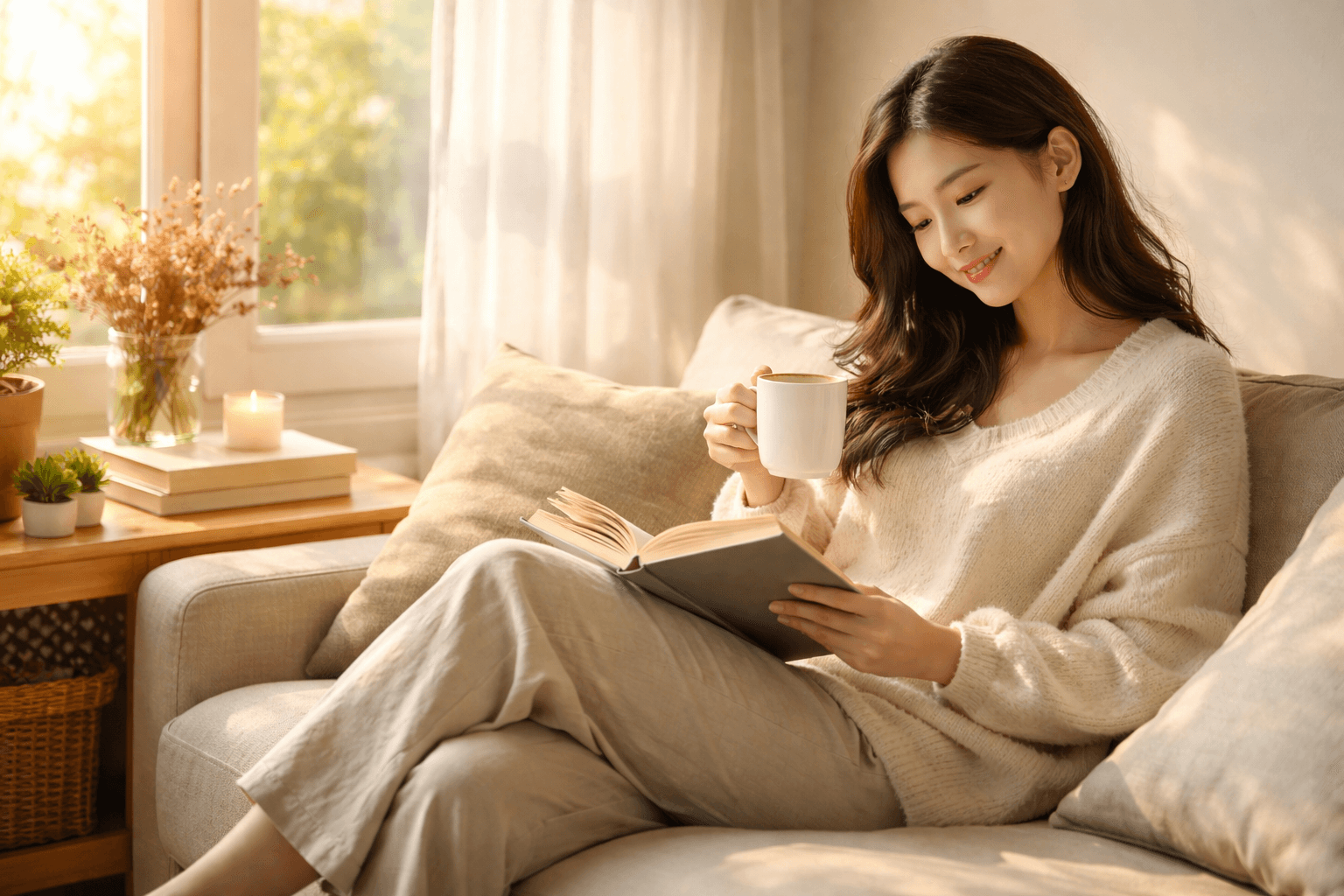 편안한 휴식을 취하고 있는 따뜻한 분위기의 이미지