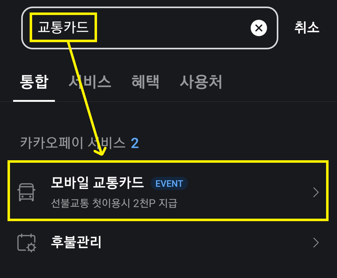 카카오페이에서 교통카드 기능 검색하는 이미지