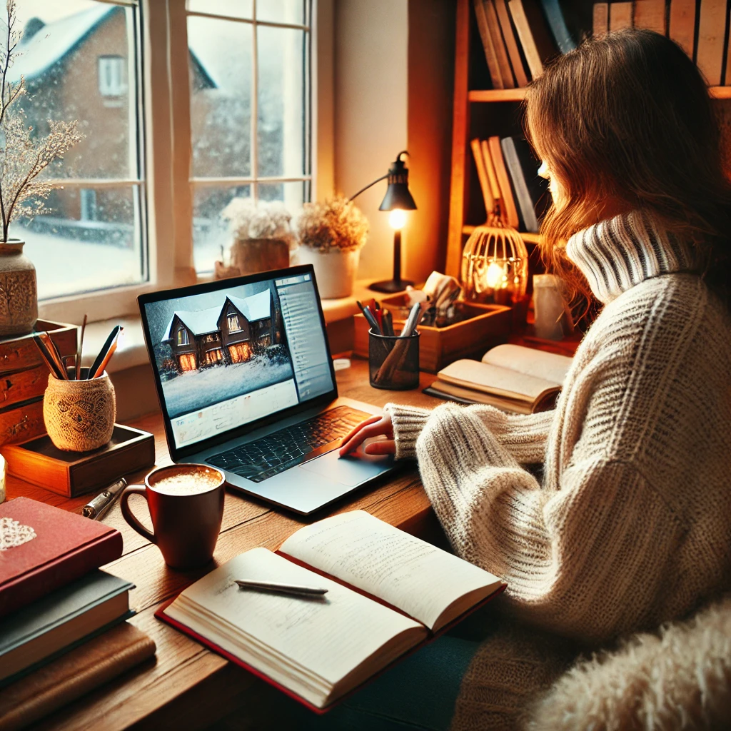 겨울철에 온라인 강의로 공부하는 모습